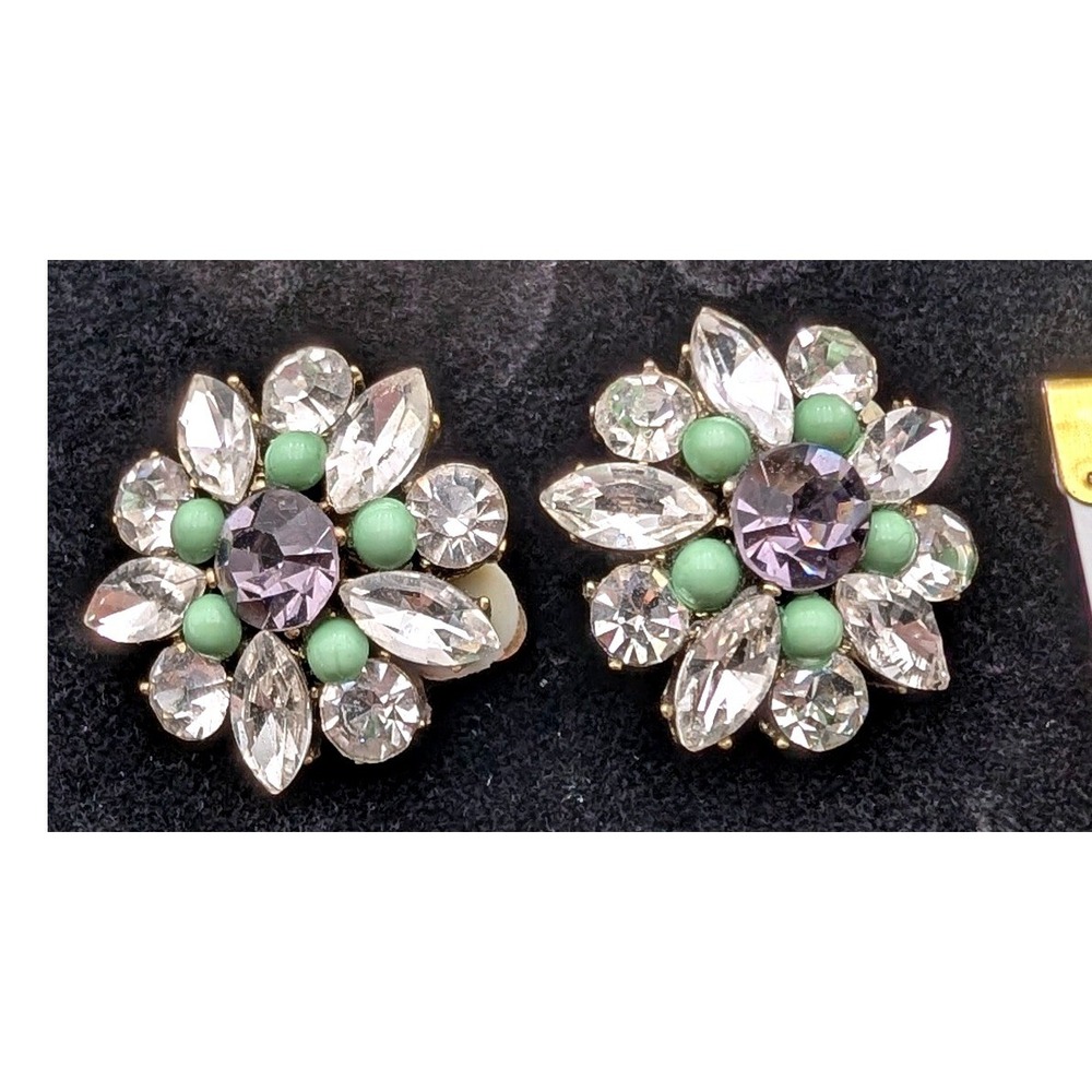 Vintage Floral Crystal Clip On Earrings Silver Tone Lavender Mint Green Cluster